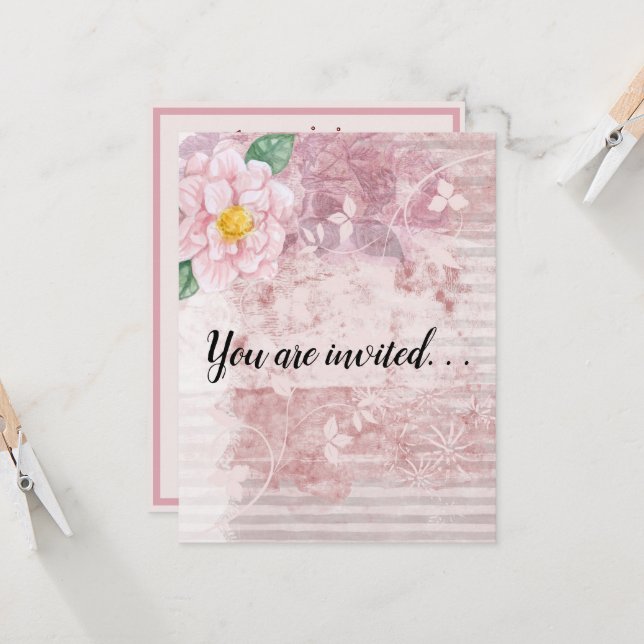 Mother's Day Distressed Vintage Pink Green Flowers Invitation (Front/Back In Situ)