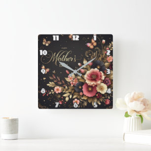 Mother's Day: Elegant Floral, Golden Hues Square Wall Clock