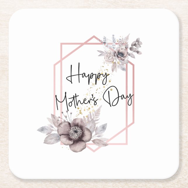 Mother's day Elegant Grey Pink Floral  Square Paper Coaster (Front)