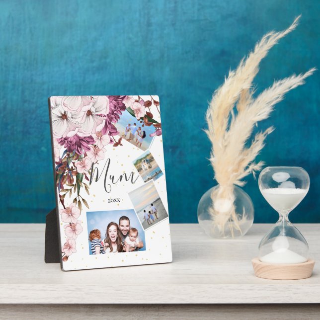 Mothers Day Family Burgundy Floral Photos  Plaque (Side)