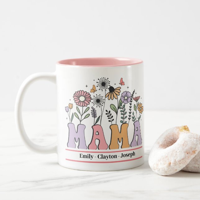 Mother's Day Floral Mama Personalied Name Two-Tone Coffee Mug (With Donut)