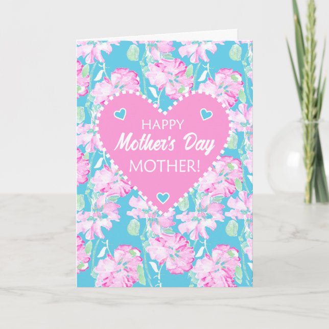 Mothers Day For Mother Pink Roses on Blue Card (Front)