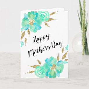Mother's Day Gold Teal Blue Floral Custom Design Card