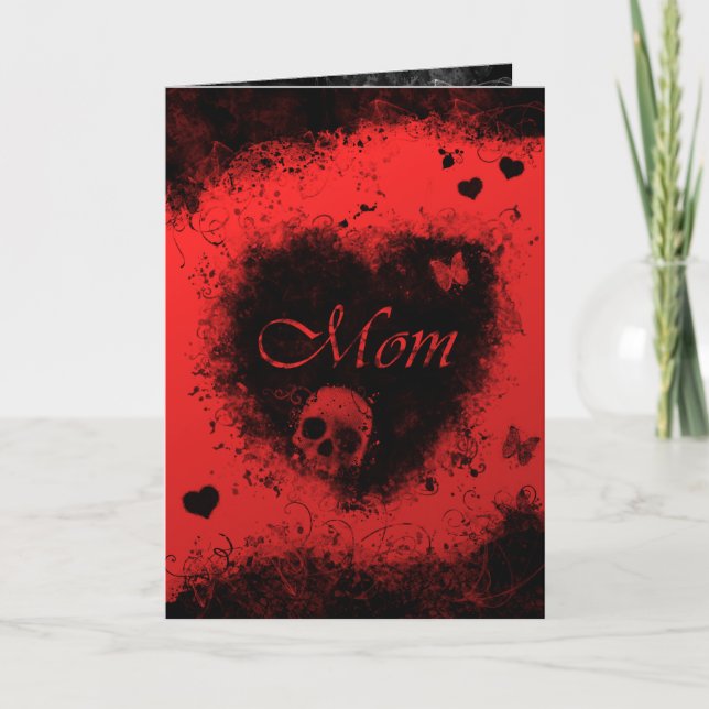 Mothers Day Goth Red Black with Skulls, Hearts Card (Front)