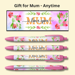 Mothers Day -  I Love You Mum Pink Flowers Black Ink Pen
