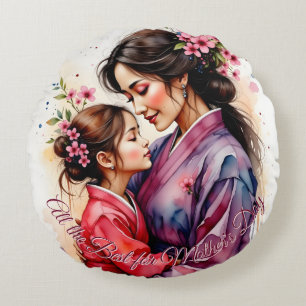 Mother's Day Kimono Art with Floral Embrace Round Cushion