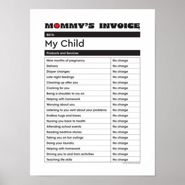 Mother's Day Love Mummy Invoice - Gift for Mum Poster (Front)