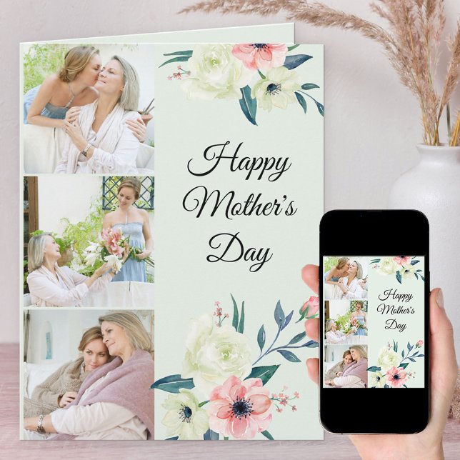 Mother's Day Mint and Pink Feminine Floral 3 Photo Card (Creator Uploaded)