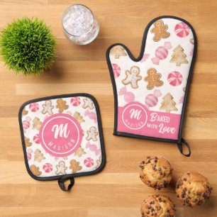 Mother's Day Monogram-Pink Sugarplum & Gingerbread Oven Mitt & Pot Holder Set