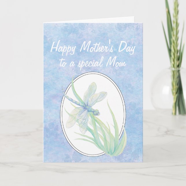 Mother's Day Mum Blue Dragonfly Watercolor Card (Front)