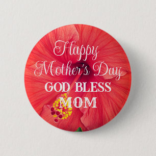 Mother's Day Orange Hibiscus Flower God Bless Mom  6 Cm Round Badge