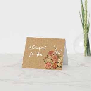 Mothers Day Peach Roses Bouquet Rust Burlap Fabric Holiday Card