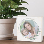 Mother's Day Photo Framed with Pink Wildflower Wooden Box Sign<br><div class="desc">Wooden Photo box sign for Mother's day or edit the text for any other occasion. The photo template is set up for you to add your picture, which is displayed in round shape. This elegant and delicate design has a floral photo frame with pink wild flowers and greenery. If you...</div>