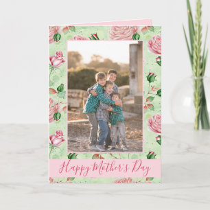 Mother's Day Pink and Green floral print photo Card
