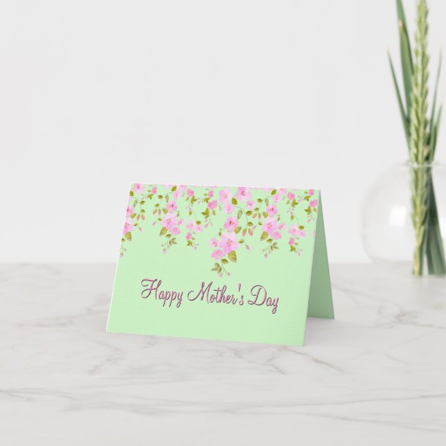 Mother's Day Pink Cherry Blossom & Mint Green  Holiday Card (Front)