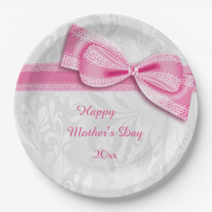 Mother's Day Pink Damask and Faux Bow Paper Plate