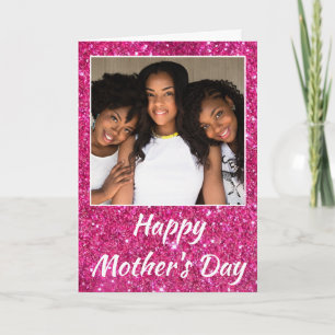 Mother's Day Pink Glitter Cherished Family Photo Card