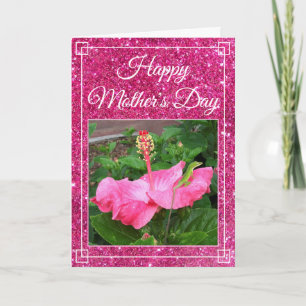 Mother's Day Pink Glitter Hibiscus Flower Photo Card