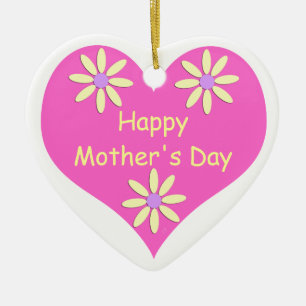 Mother's Day Pink Heart and Yellow Flowers Ceramic Tree Decoration