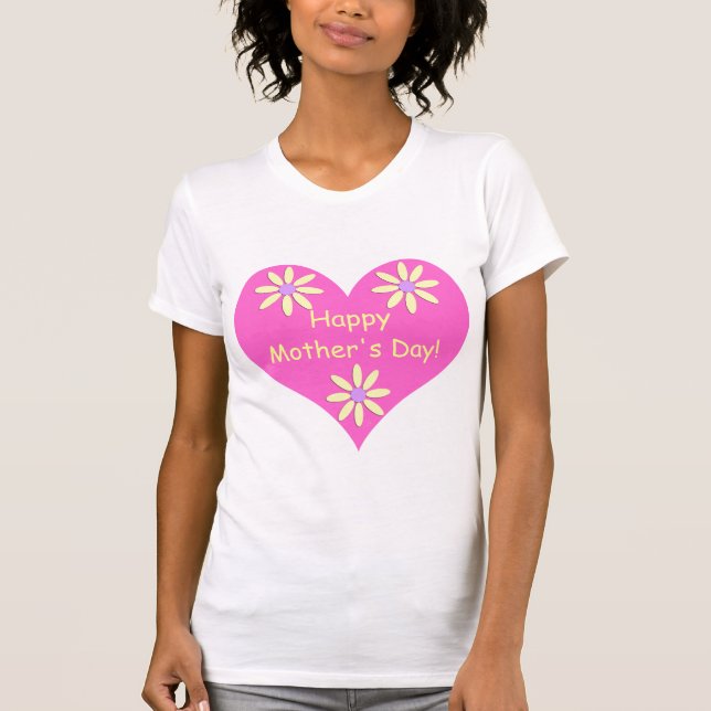 Mother's Day Pink Heart and Yellow Flowers T-Shirt (Front)