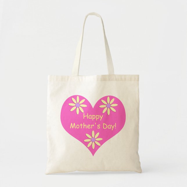 Mother's Day Pink Heart and Yellow Flowers Tote Bag (Front)