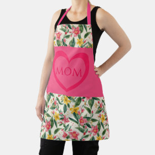 Mothers Day ,Pink Love Heart and Flowers Pattern Apron