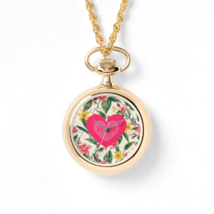 Mothers Day,Pink Love Heart and Flowers Pattern Watch