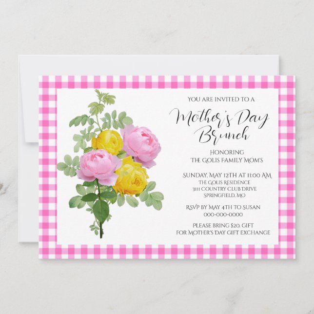  Mother's Day Pink Roses Brunch  Invitation (Front)