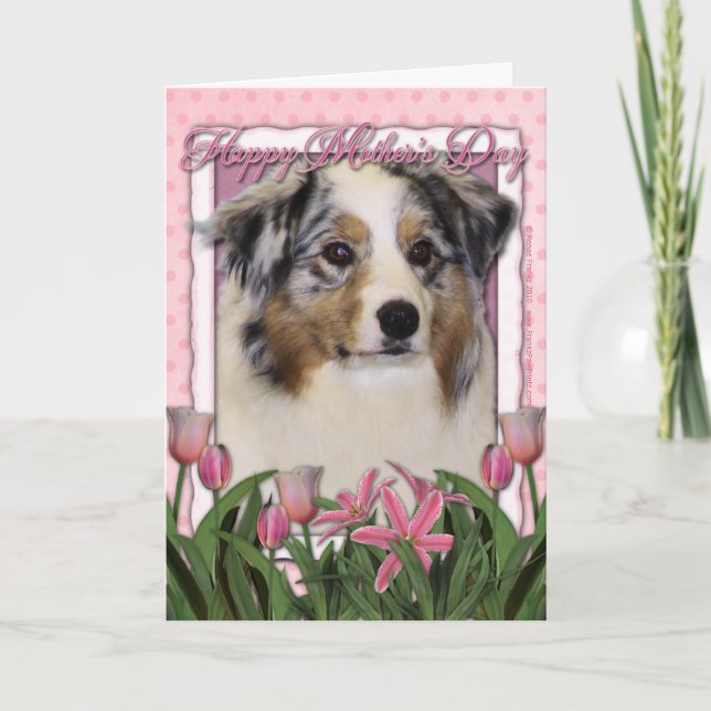 Mothers Day - Pink Tulips - Australian Shepherd Card (Front)