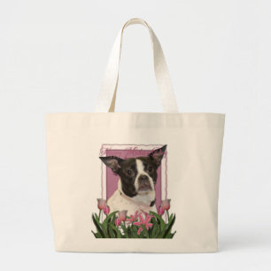 Mothers Day - Pink Tulips Boston & Rat Terrier Mix Large Tote Bag