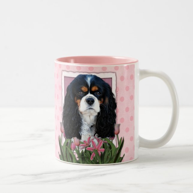 Mothers Day - Pink Tulips - Cavalier - Tri-Colour Two-Tone Coffee Mug (Right)