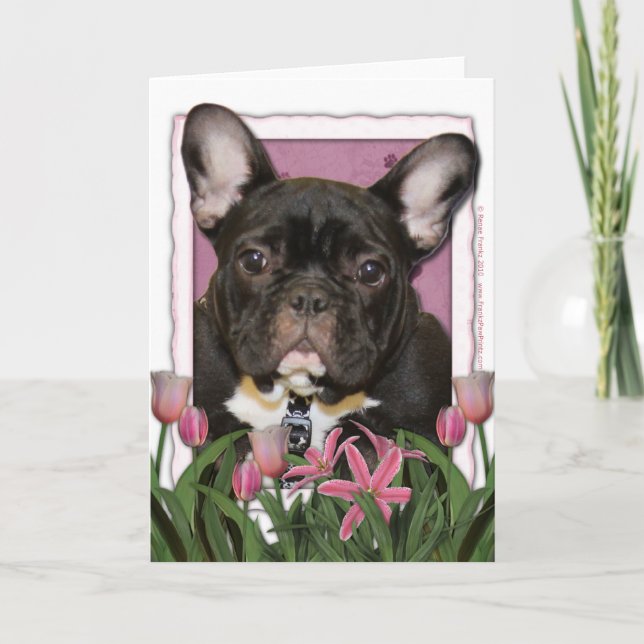Mothers Day - Pink Tulips - Frenchie - Teal Card (Front)