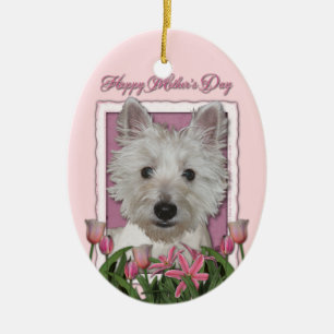 Mothers Day - Pink Tulips - Westie Ceramic Tree Decoration