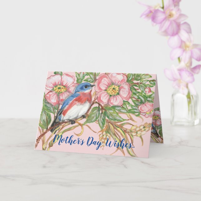 Mother's Day Pink Watercolor Rose Floral Bluebird Card (Orchid)