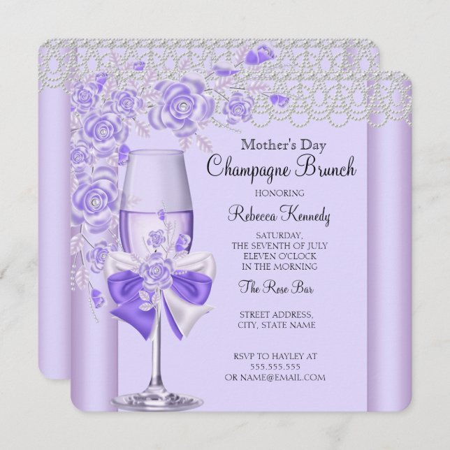 Mother's Day Pretty Lilac Rose Champagne Brunch 2C Invitation (Front/Back)