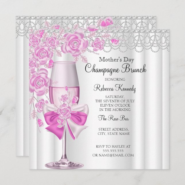 Mother's Day Pretty Pink Rose Champagne Brunch 2a Invitation (Front/Back)