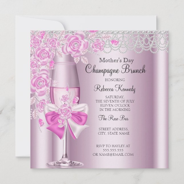 Mother's Day Pretty Pink Rose Champagne Brunch 2B Invitation (Front)