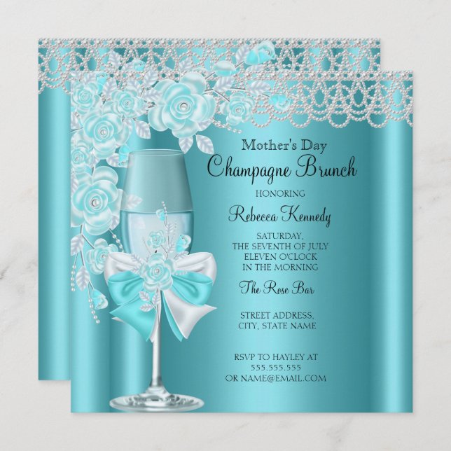 Mother's Day Pretty Teal Rose Champagne Brunch 2B Invitation (Front/Back)