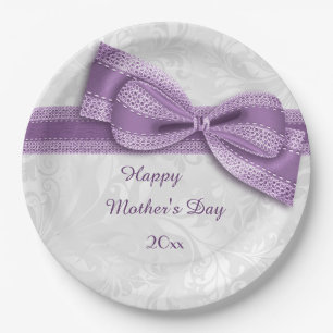 Mother's Day Purple Damask and Faux Bow Paper Plate
