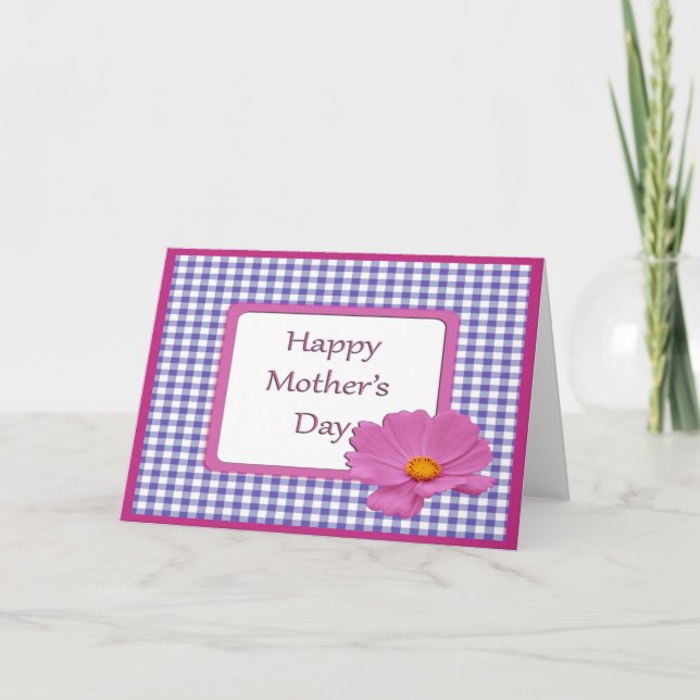 Mother's Day Purple Flower and Gingham Design Card (Front)