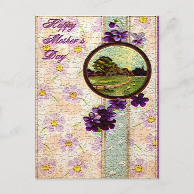 Mother's Day - Purple flowers,Sun and Landscape Postcard (Front)