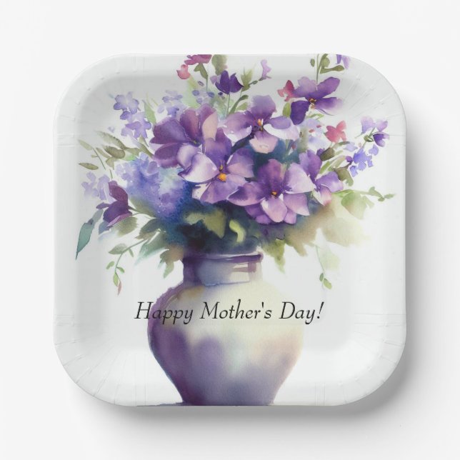 Mother's Day Purple Pansy Flowers Paper Plate (Front)
