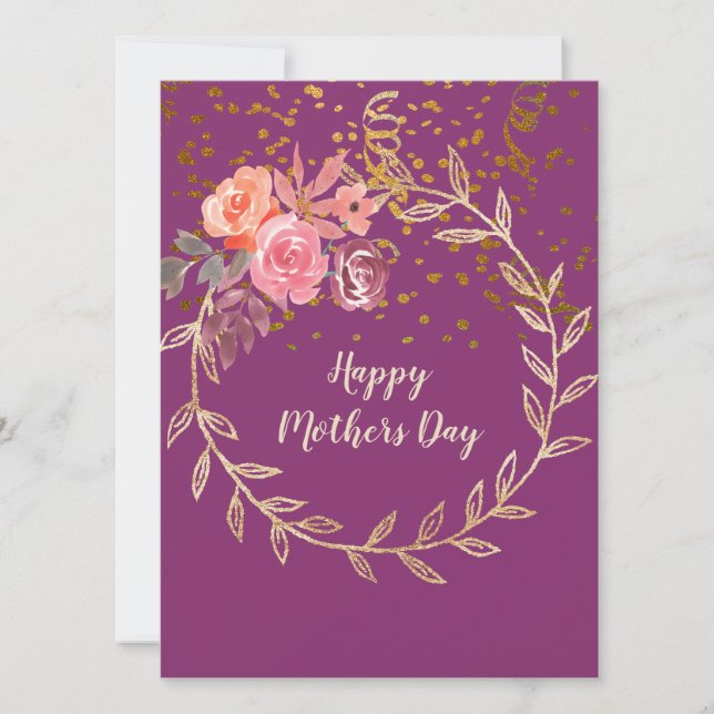 Mothers Day Purple Pink Burgundy Floral & Glitter Holiday Card (Front)