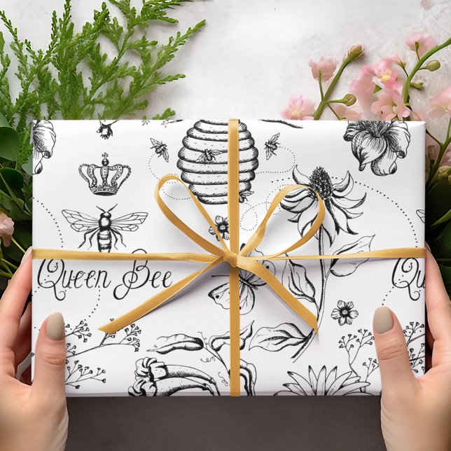 Mothers Day Queen Bee and Flowers Wrapping Paper (Black and White Queen Bee & Crown Insect Illustration, typography, bee hive and flowers for Her)