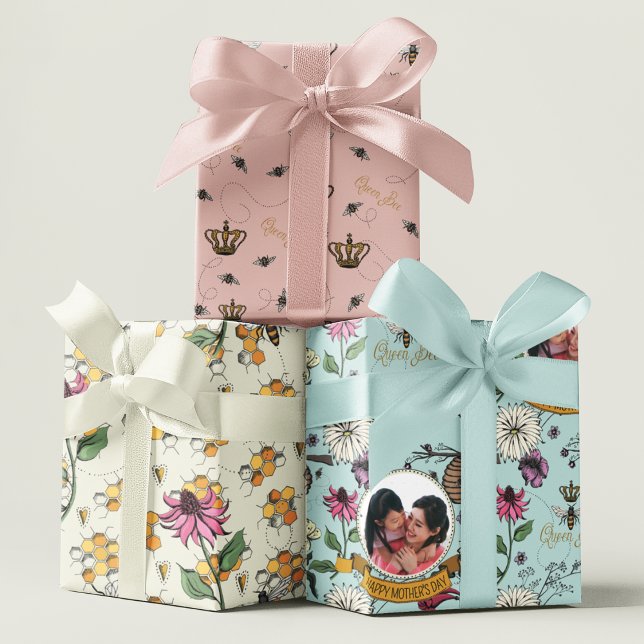 Mothers Day Queen Bee, Honeycomb and Flowers Photo Wrapping Paper Sheet (3 Chic Hand-Drawn Royal Queen Bee Patterns. Custom Photo & Personal Message, Honeycomb & Gold Crown.)