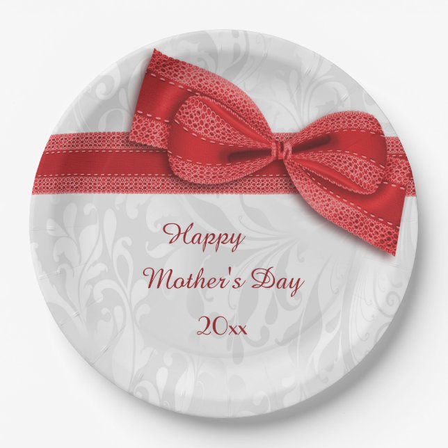 Mother's Day Red Damask and Faux Bow Paper Plate (Front)