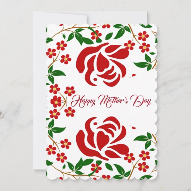 Mothers Day Red Roses Floral Green Foliage Cute Holiday Card (Front)