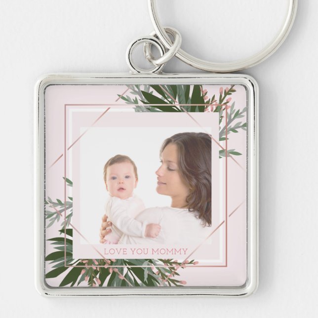 Mother's Day Rose Gold Floral Personalised Photo Key Ring (Front)