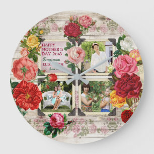 Mother's Day Roses Instagram Vintage Photo Collage Large Clock