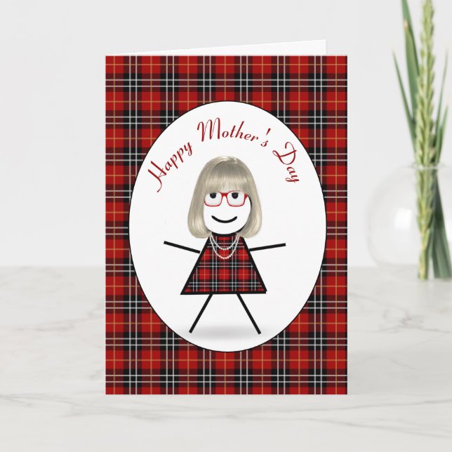 Mother's Day Stick Girl on Tartan Plaid Holiday Card (Front)